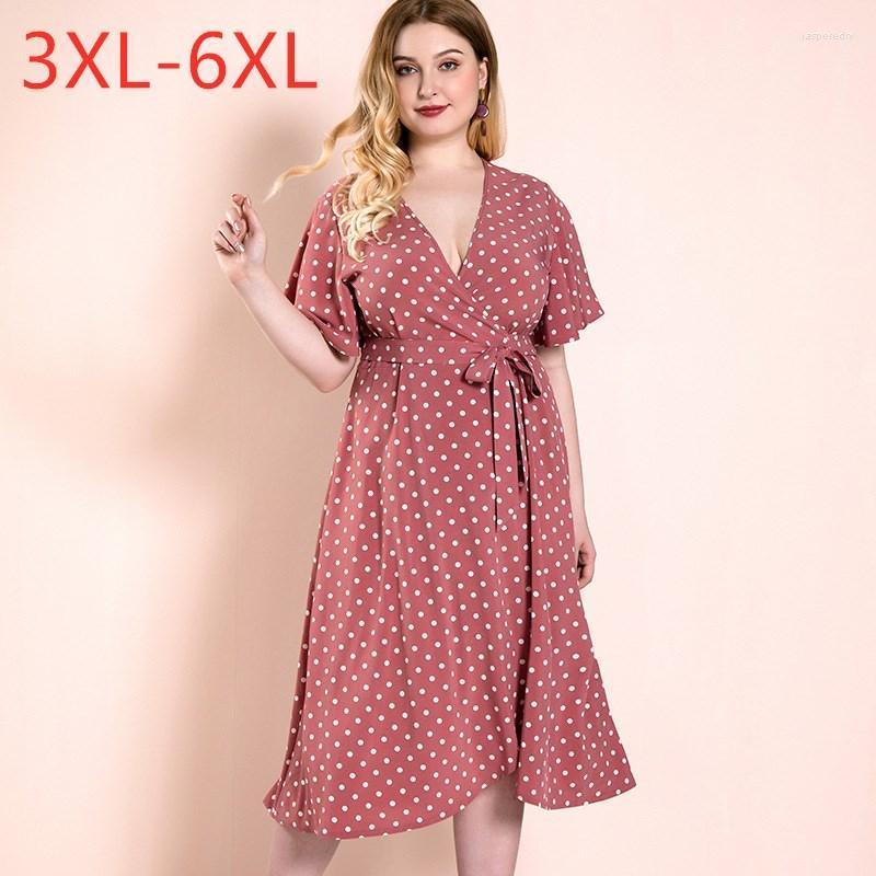 

Plus Size Dresses 2022 Summer For Women Large Short Sleeve Casual Loose Pink Dot Belt V-neck Long Dress 3XL  5XL 6XL Jasp22