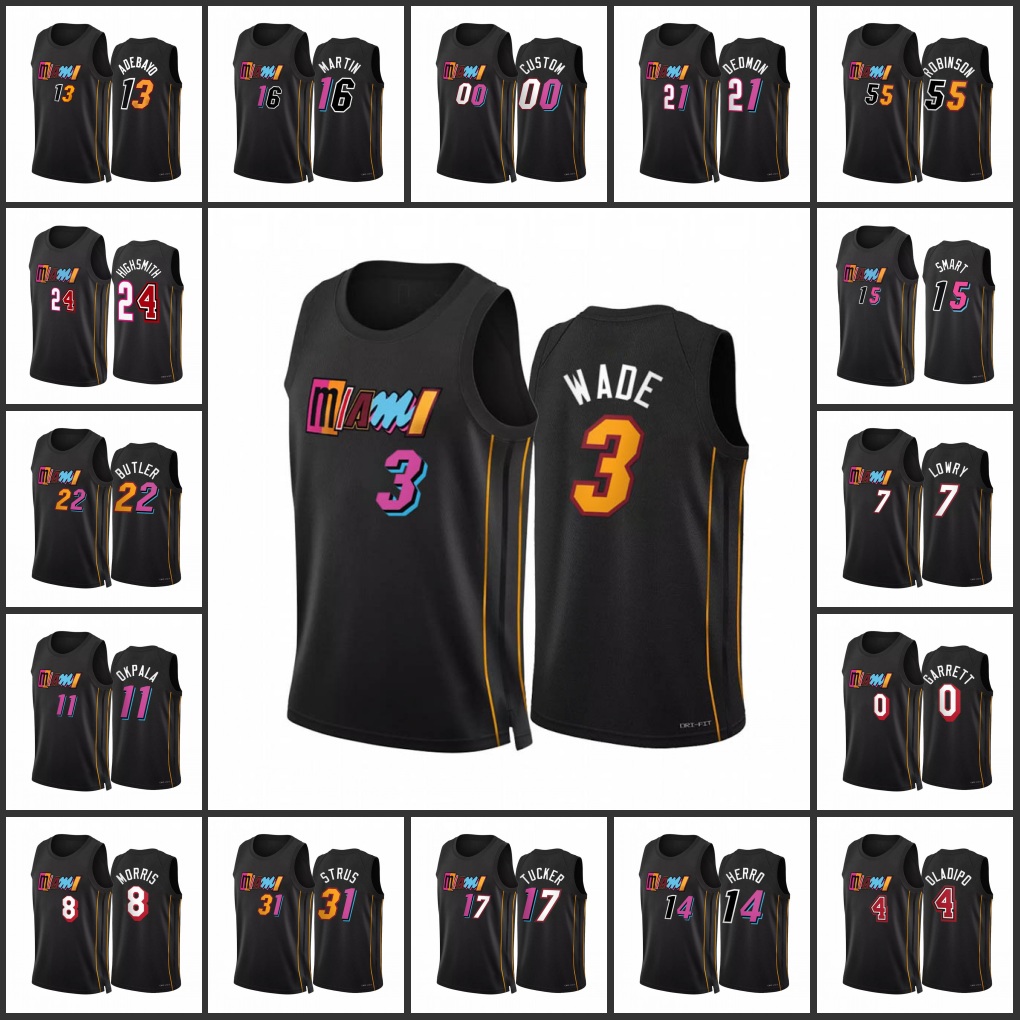 

Miami Heat''Jimmy Butler Tyler Herro Bam Adebayo Kyle Lowry Duncan Robinson Dwyane Wade Custom 75th Anniversary City Black Jersey