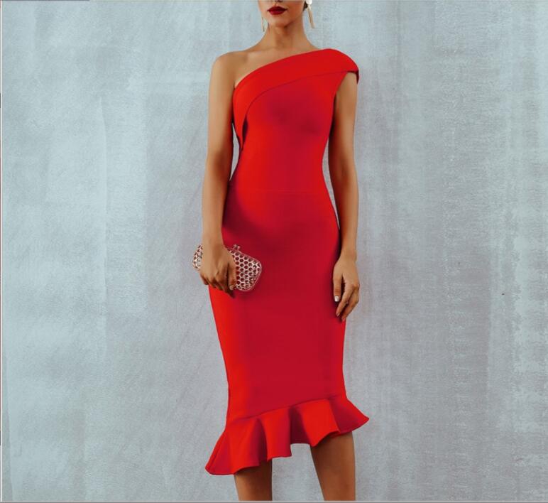 

Summer Women Bandage Dress Sexy One Shoulder Sleeveless Ruffles Nightclub Celebrity Evening Party Mermaid Dresses, White