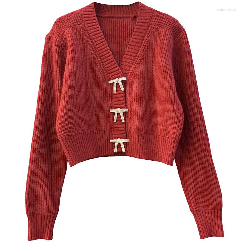 

Women's Knits & Tees Fashion Red Cardigan Sweater Women Bow Button Knitted Loose V Neck Short Jacket Chic Autumn Warm Casual Black Female Co