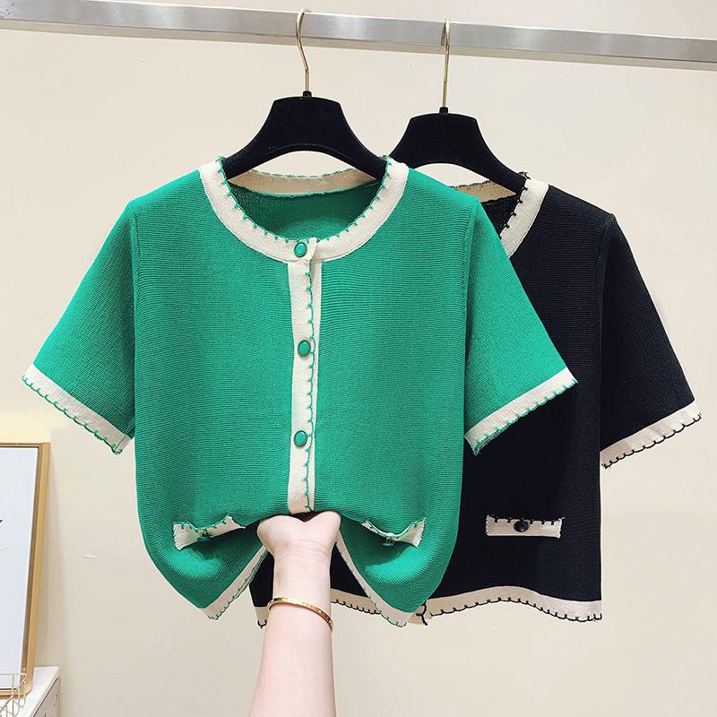 

Women's Knits & Tees Casual O-neck Short Sleeve Knitted Top Contrast Color Cardigan Summer Clothes For Women 2022 Vintage MujerWomen's, Green