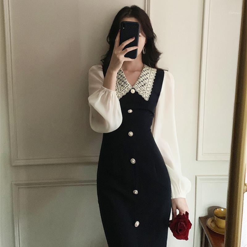 

Casual Dresses Women Fashion Chic Slim Puff Sleeve Single-breasted Split Dress Vintage Elegant Vestidos, Black