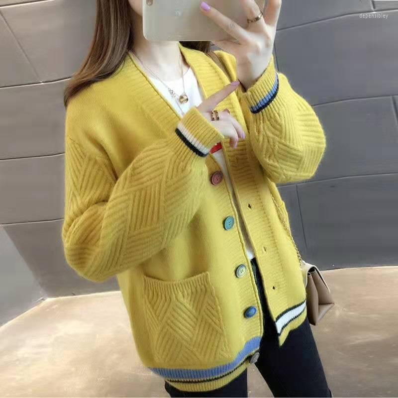 

Women' Knits & Tees Autumn Spring Women Sweater Knitted Cardigan Lantern Sleeve V Neck Contrast Color Depe22, Black