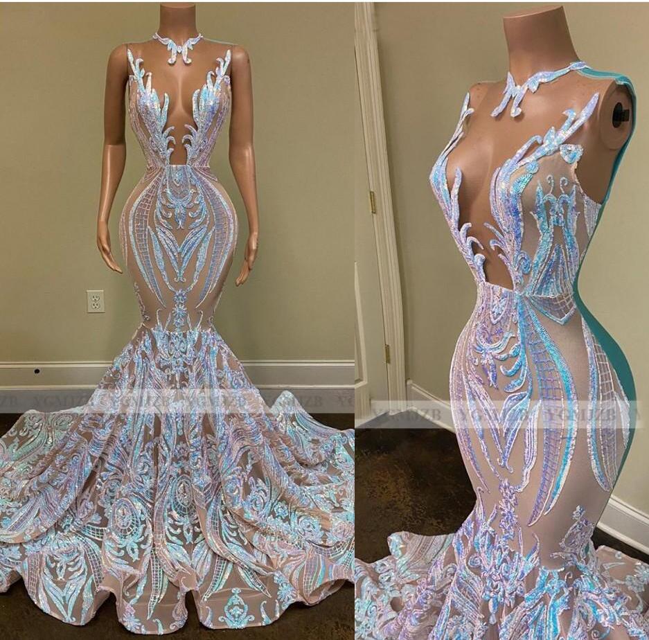 Filles noires Sparkly paillettes longues robes de mariée 2022 Sexy Sheer O Col Sirène Femmes africaines Gala Bridese Robes Robes Ba10728