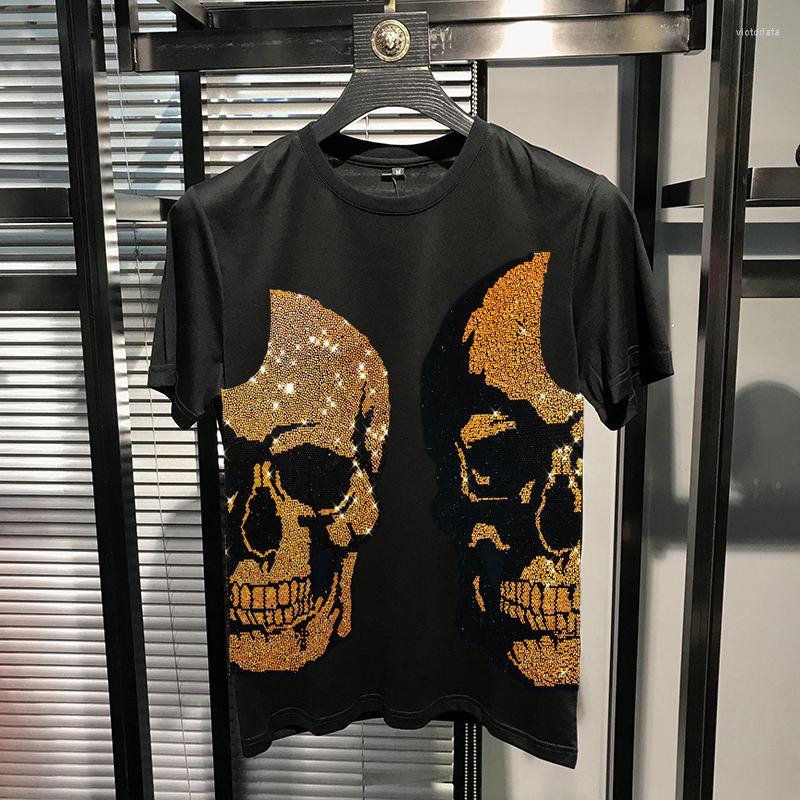 T-shirts pour hommes pur coton de haute qualité T-Shirt classique à manches courtes pour hommes diamant or brillant grand crâne haut ample