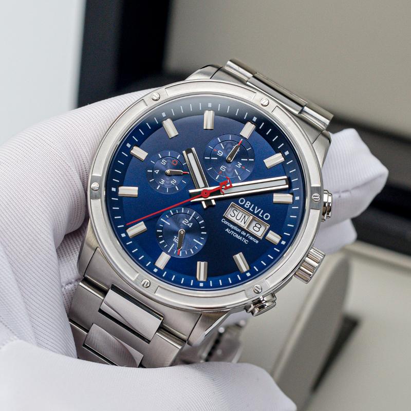 

Wristwatches OBLVLO Brand Men Automatic Mechanical Watch Stainless Steel Strap Sapphire Waterproof Auto Date 24Hour Dress Style Diameter 42m, Cm-ywy