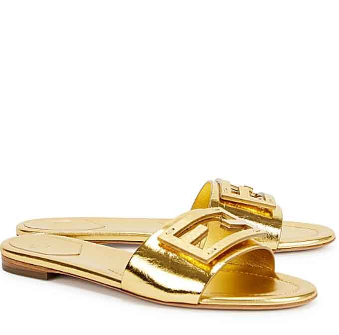

Women designer sandal Gold slipper flat F-Baguette Baguette metallic leather sandals Genuine leather casual walking shoes 35-41, 12