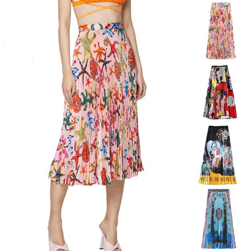 

Skirts Starfish Print Cartoon Summer Womens 2022 Fashion Brand Designer High Waist Elastic Long Midi Pleated Skirt Female Jupe, Skirt a03