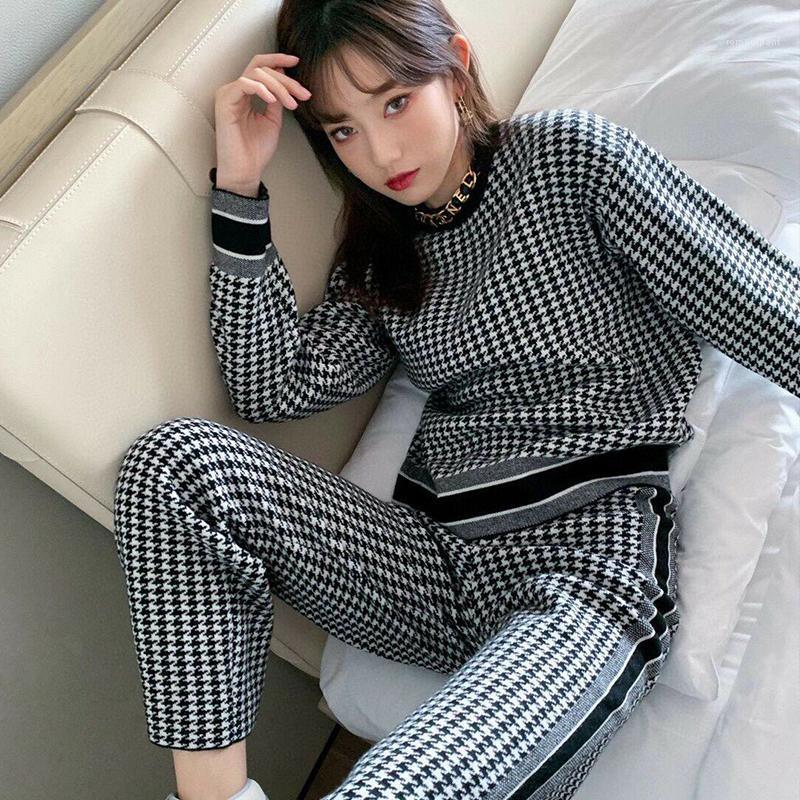 

Two Autumn Winter Fashion Piece Sweater Set Women Houndstooth Wide-Leg Pants Suit Striped Plaid Casual Clothes Knitted Outfits Women' Track, Pullover
