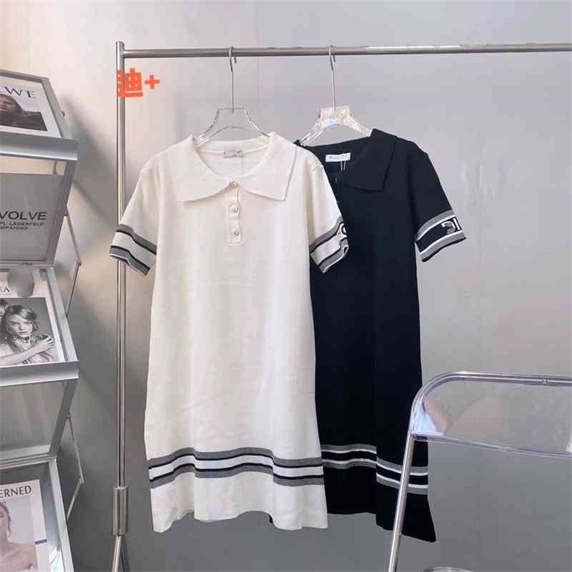 

2022 High Quality new special offer D family knitted skirt summer simple style polo collar stripe letter loose short sleeve medium length dress for women, White