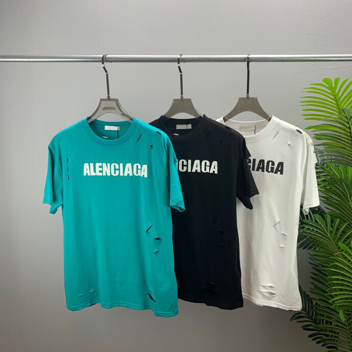 2022 Nouvelle mode lettre imprimée trou fissuré T-shirt col rond tissu en coton designer manches courtes sweat-shirt pour hommes couleur noir et