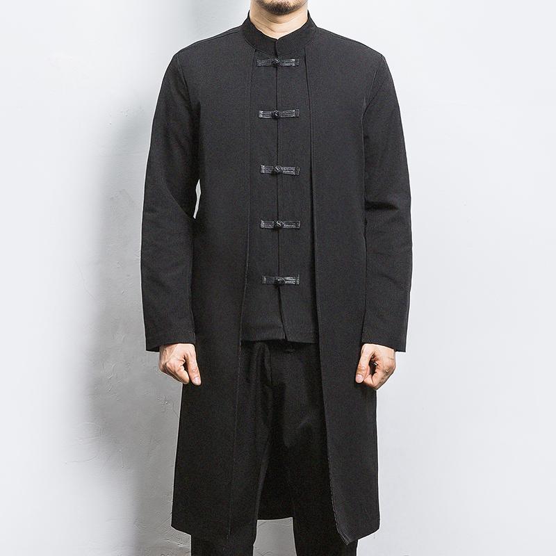 

Men' Trench Coats 2022 Spring Men Fake Two Pieces Cardigan Gown Buckle Kimono Coat Male Chinese Style Black Loose Vintage Hanfu Long Robe, 1903 black