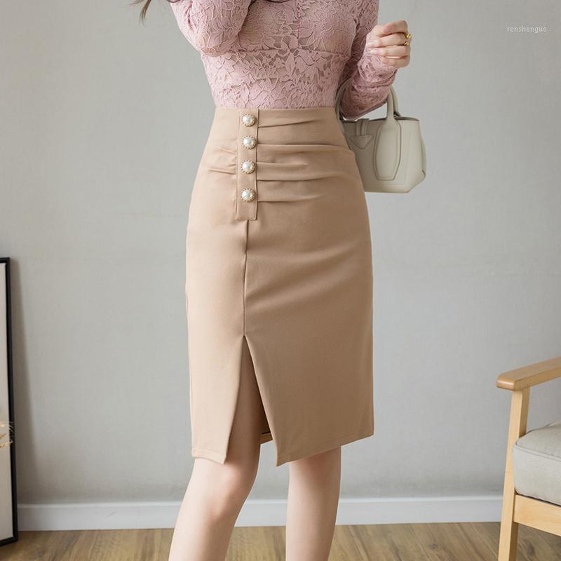 

Skirts Summer Formal High-Waist Women Skirt 2022Office Lady Ruched Pearls Buttons Women' Elegant Slit Femme, Black