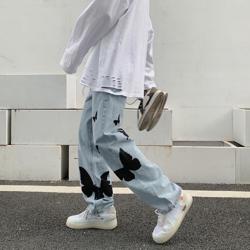 

Men' Jeans Autumn Butterfly Print Jean Pants Men Baggy Casual Denim Fashion Streetwear Straight Trousers Couple ClothingMen, Blue