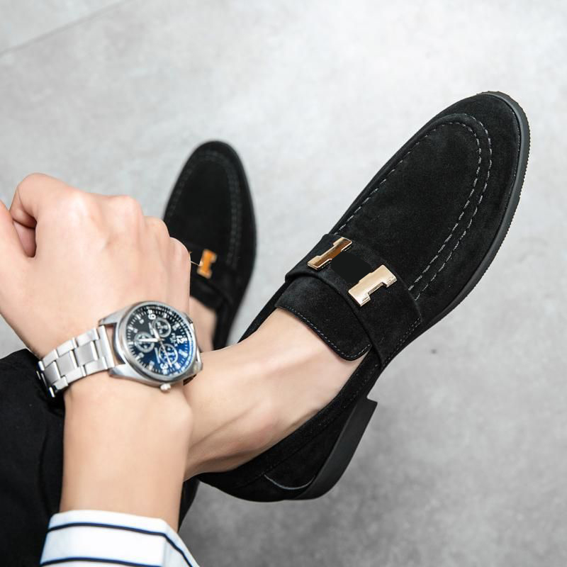 

Men Shoes Loafers Faux Suede Metal Solid Color Slip on Round Head Flat Bottom Casual Business Chaussure Homeme DP242, Blue