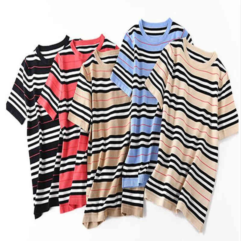 

Women Ladies tops T-shirt stripe Black Stripe Short Sleeve Knit Pull Sweater Thin Soft Fabric Classic Khaki British Pullover, Customize