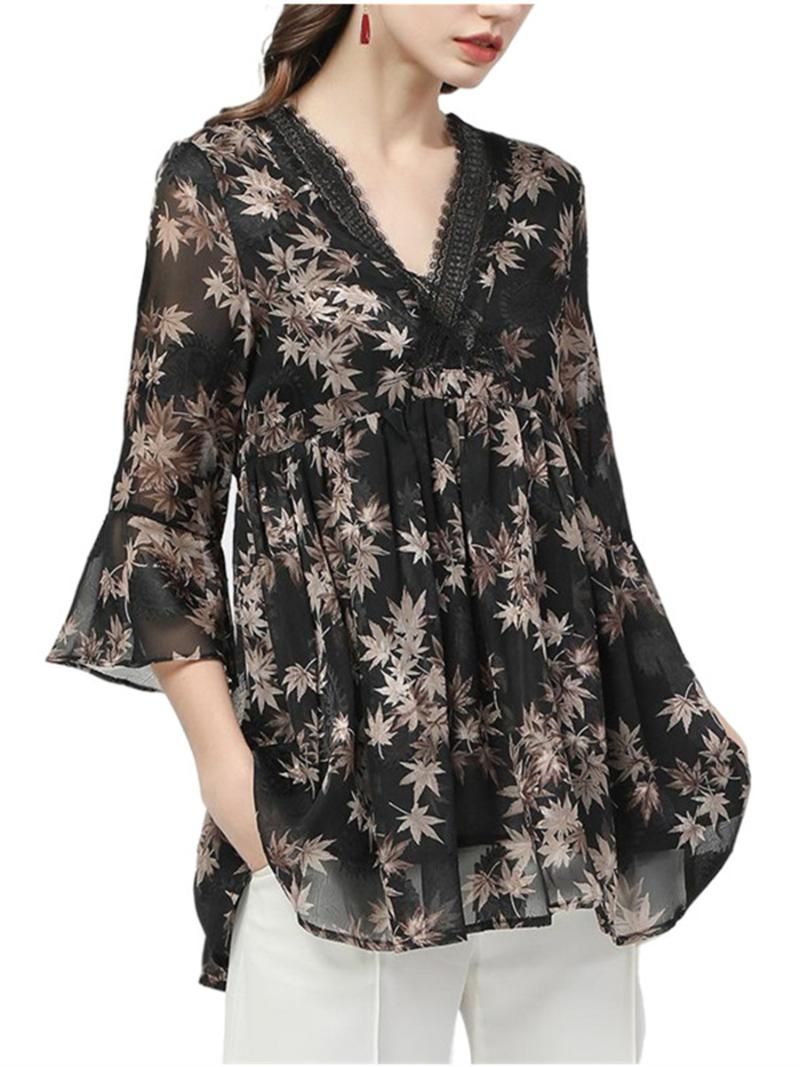 

Women's Blouses & Shirts Women Spring Summer Lady Fashion Casual Short Sleeve Half Collar Retro Flower Printing Blusas Tops MM2001Women's, Black