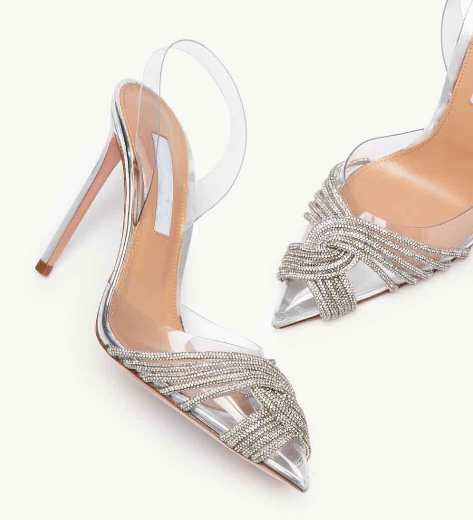 Marques d'été célèbres Gatsby Crystal-Embellid Knot Sandals Chaussures Femmes Slingback Pompes pointues Toe High Heels Party Robe de mariée EU35-