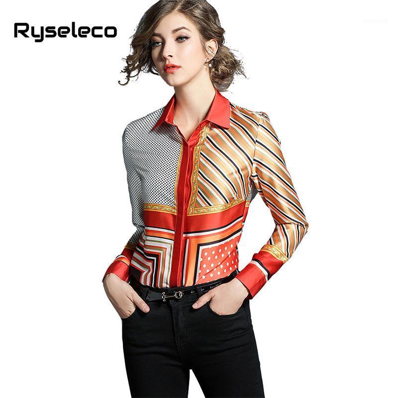 

Women' Blouses & Shirts Ryseleco Brand 2022 Europe Women Slim Long Sleeve Tops Blouse Polka Dot Strip Geometric Prints Casual Single Breast, As picture