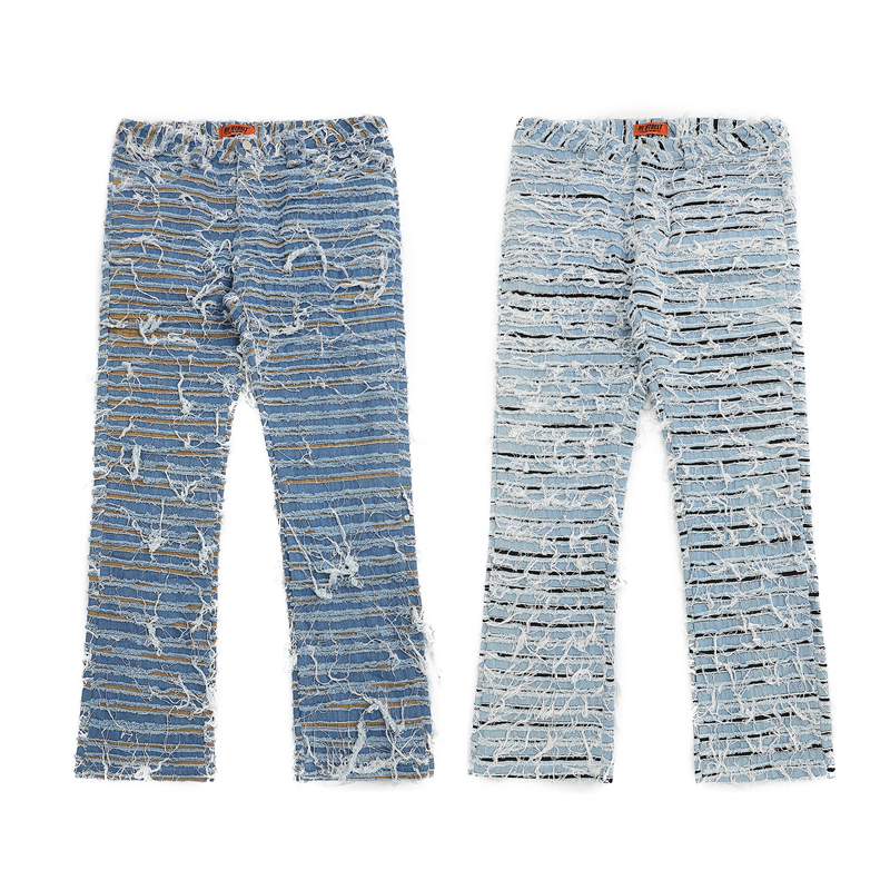 

High Street Distressed Ripped Frayed Blue Jeans Pants for Men Washed Straight Baggy Casual Hole Denim Trousers Oversized