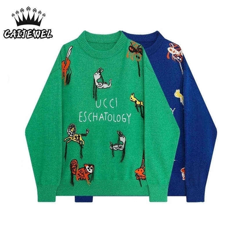 

Women's Sweater Autumn Winter Korean Plus Size Fashion Pullover Knitted Baggy Oversized Animal Letter Embroidery Tops Sweater 211109, Blue