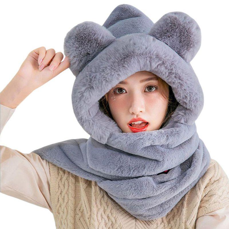 

Bandanas Cute Bear Ear Hat Scarf Gloves Set Winter Windproof Thick Hood With Mitten Women Novelty Earflap Cap