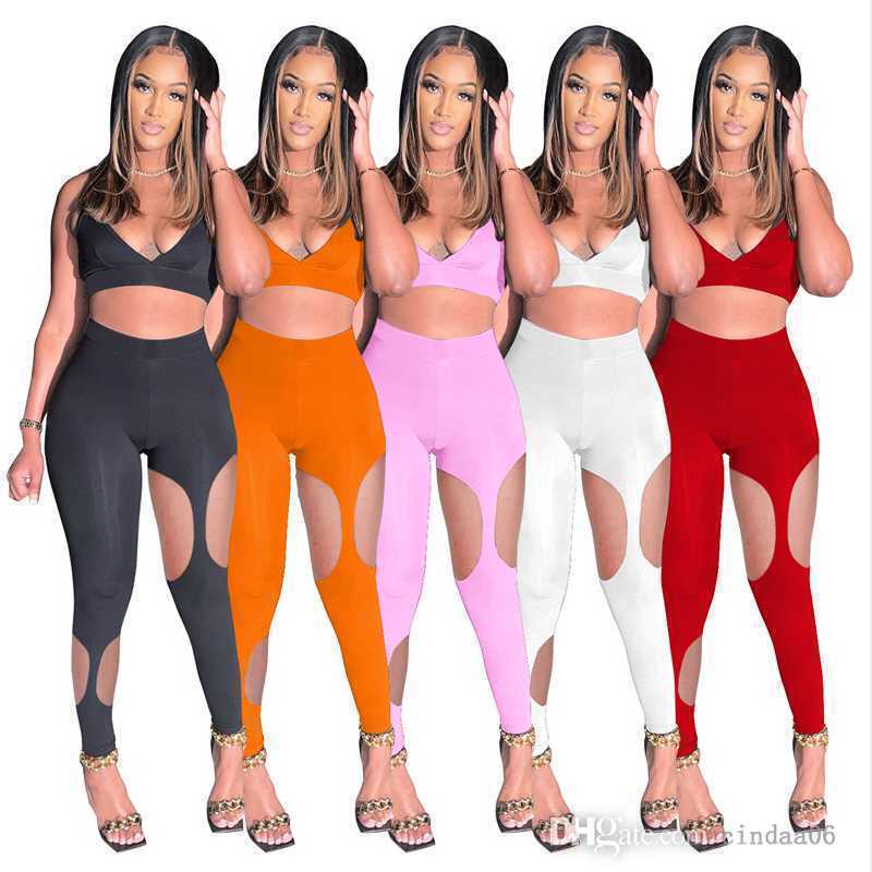 

sexy designer two piece pants set Womens Tracksuits Summer Bras Leggings Ladies Hollow Out Ripped Bandage Sportswear, Orange