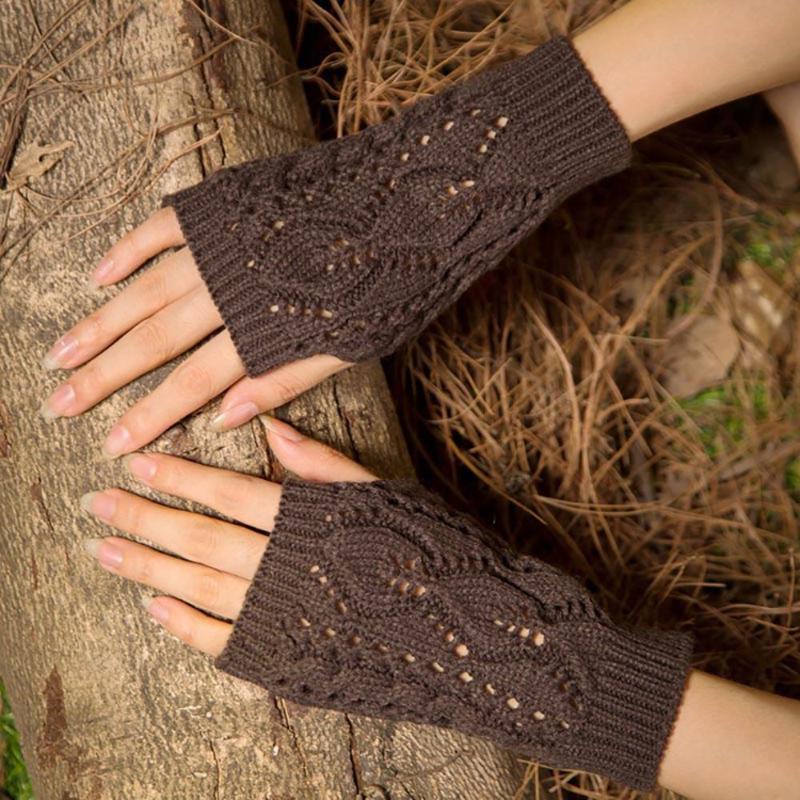 

Five Fingers Gloves Fashion Hollow Female Outdoor Two Leaves Sports Women Knitted Fingerless Faux Wool Mitten