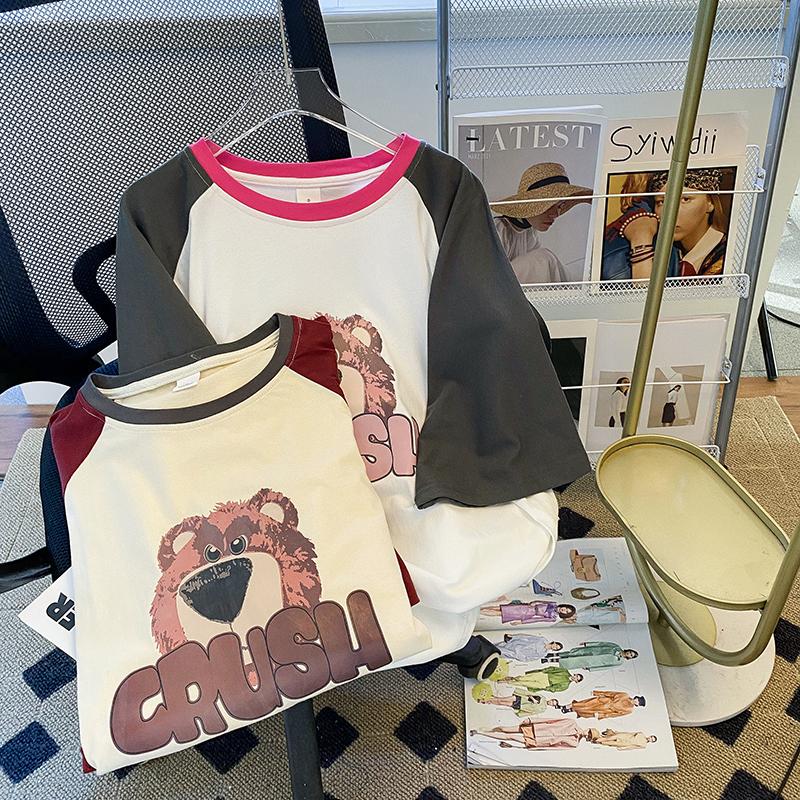 

Women's T-Shirt Cotton Short-sleeved Bear Women's Summer 2022 Trendy Korean Style Raglan Sleeves Round Neck Y2k Top TeesWomen's, White