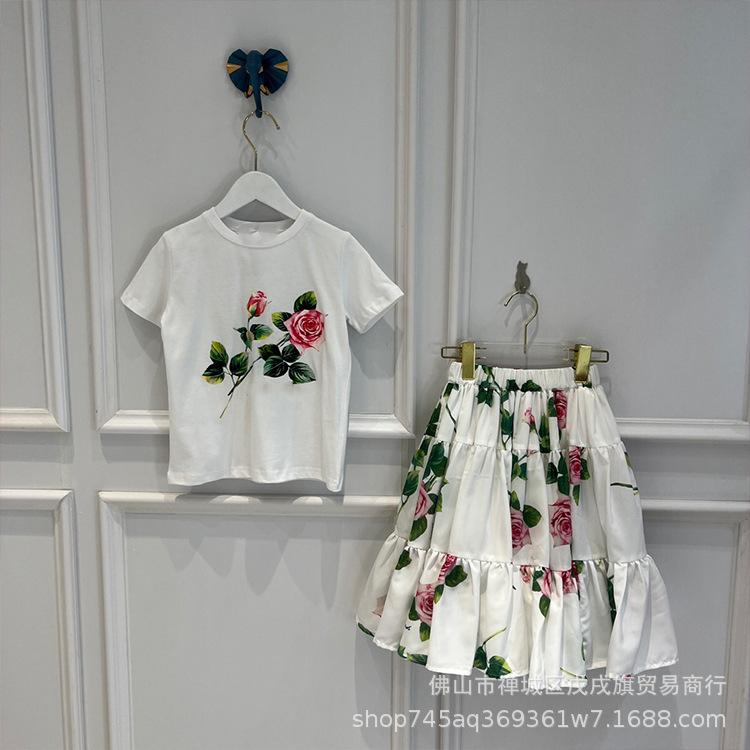 

children's Girls Summer lovely flower print round neck short sleeve top leisure comfortable short skirt two-piece set, White