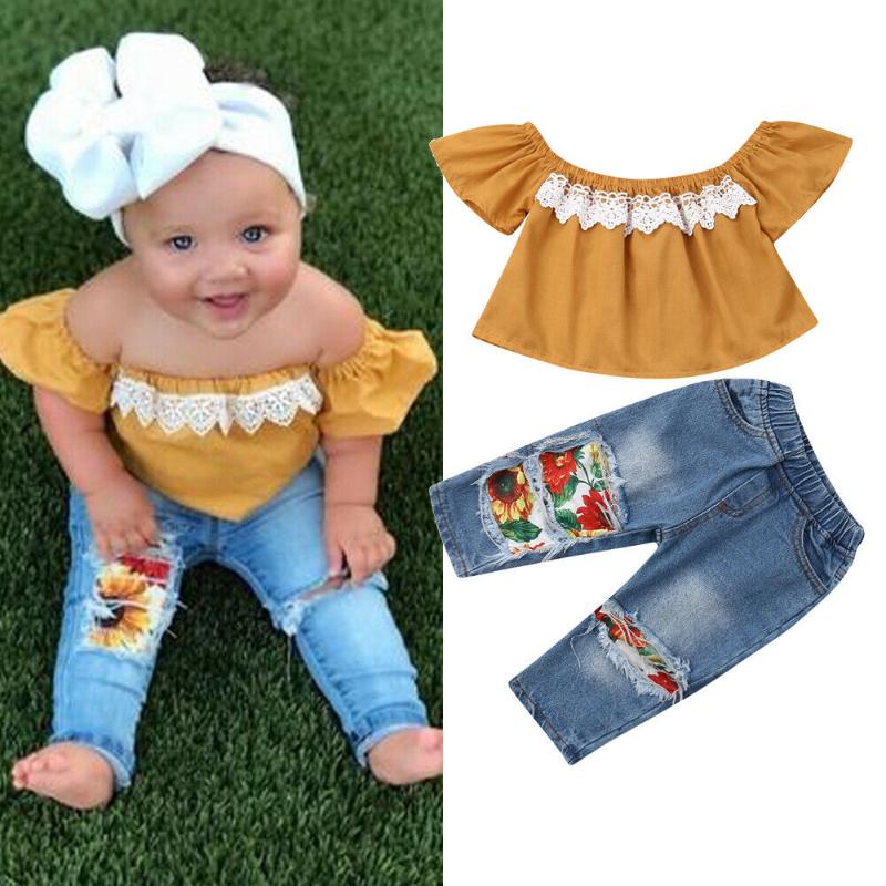 

Clothing Sets Toddler Kids Born Baby Girl Clothes Off Shoulder Lace Shirt Tops Sunflowers Hole Denim Pants Outfits 1-5Y Fast, Yellow