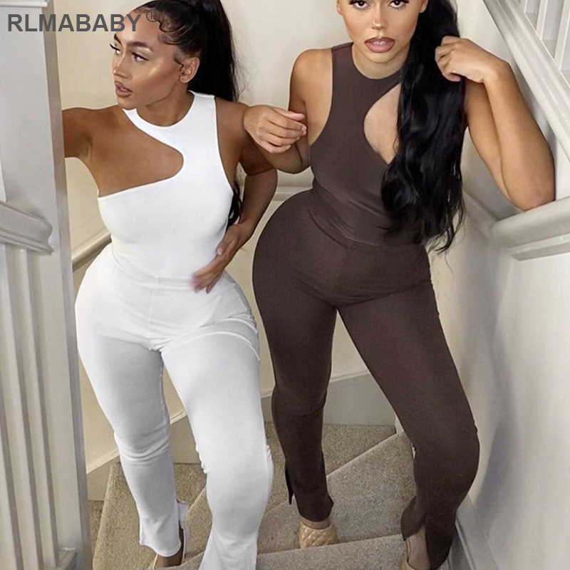 

Fashion One Shoulder Sleeveless Asymmetrical Bodysuit Hem Split High Waist Pant Sexy 2 Piece Set Women Casual Sexy Outfits Set, White bodysuit