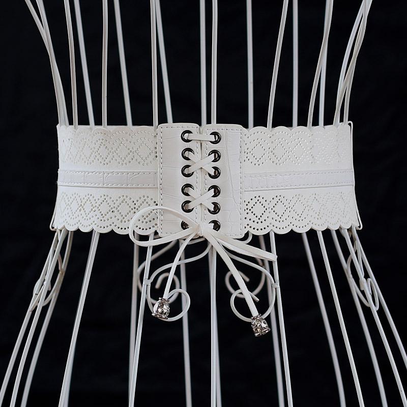 

Belts High End White Black Hollow Out Woven PU 6CM Width Women Belt Fashion Dress Fringe Waistband Ladies Accessories