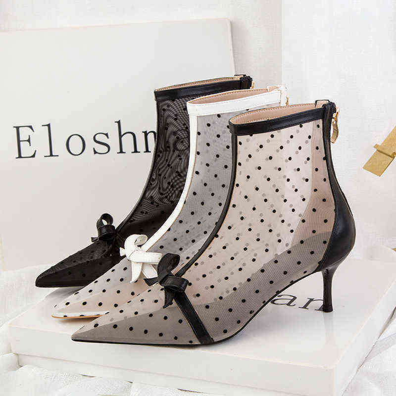 

Boots Sandals Women Designer Korean Version Bow Dot Ankle Boots Sexy Mesh Hollow Pointed High Heels Lady Shoes Fashion Boots 220401, Black