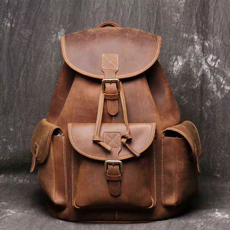 

Backpack Men's Leather Double Shoulder Women's Crazy Horse with Personalized Travel Backpack Large Capacity Computer Bag