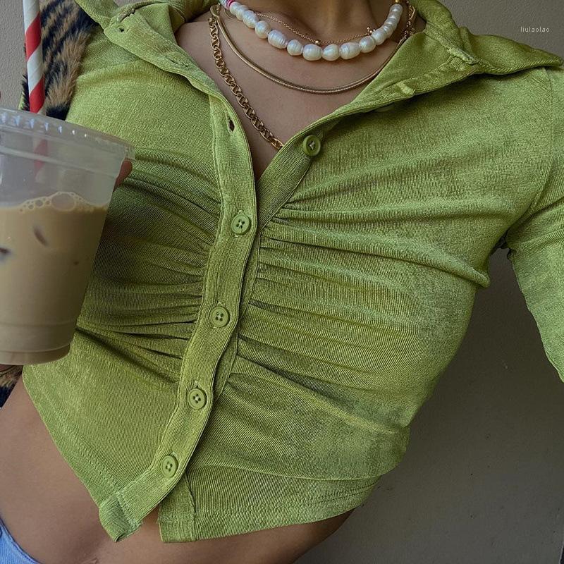 

Women' Blouses & Shirts 2022 Autumn Women Long Sleeve Blouse Single Breasted Turn-Down Collar Ruched Casual Elegant Crop Tops And Female, Khaki