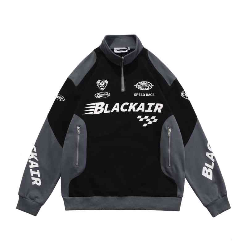 

Men Jacket Retro Street Racing Motorcycle Suit Thin Letter Print Half Zipper Long Sleeve Black White for Women Size -xxl