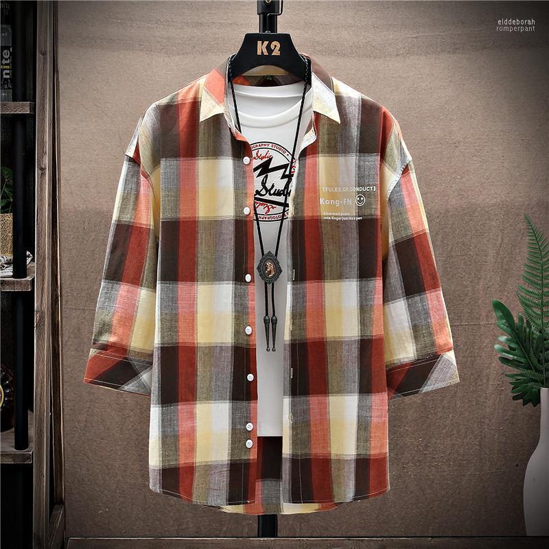 

Men Shirts 2022 Arrivals Slim Fit Male Shirt Plaid Half Sleeve British Style Cotton Men's High Quality Tops Casual Eldd22, Gray
