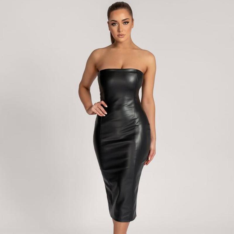 Robes décontractées pour femmes marron Faux cuir PU vêtements Sexy sans bretelles longue Robe crayon tenues de soirée discothèque RobeCasual