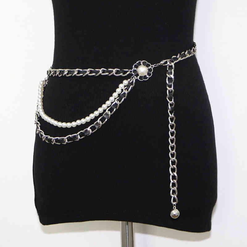 

designer Belts belt Small fragrance chain pearl waist women's dress sweater metal accessories closing decoration seal QZ4R, Black