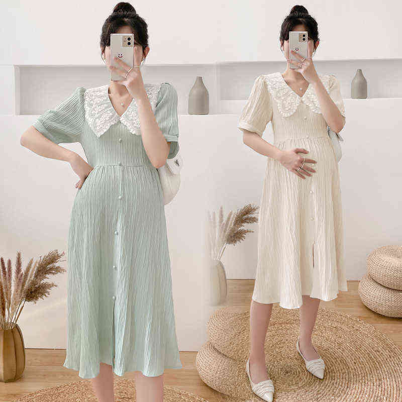 

6311# 2022 Summer Korean Fashion Maternity Dress Elegant Lace O Neck A Line Loose Clothes for Pregnant Women Pregnancy Clothing G220418, Beige
