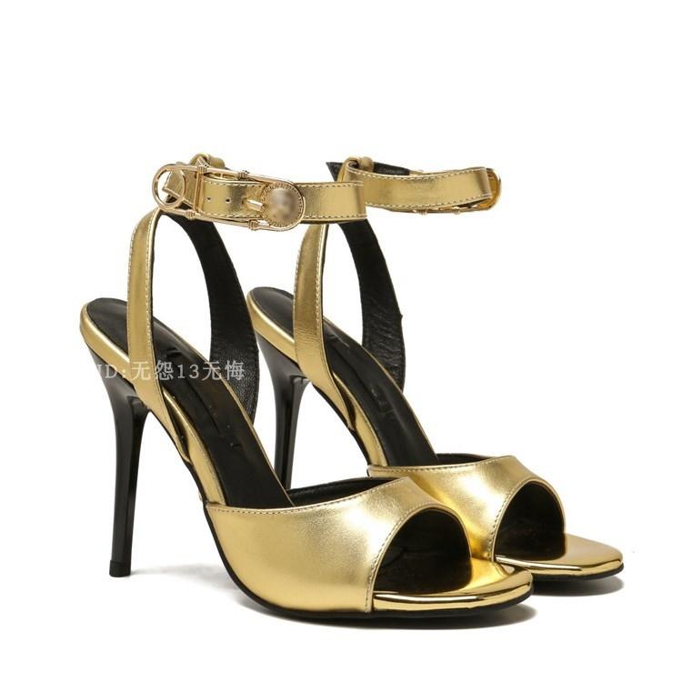 

Sandals Peep Toe Gold Thin High Heel Slingback Brand Women Ladies Summer Luxury Buckle Real Leather Party Wedding ShoesSandals, Black
