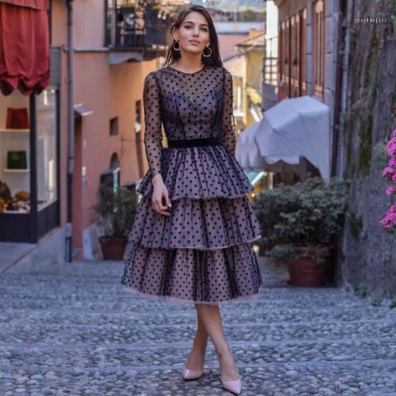 

Party Dresses Eeqasn Black Ivory Dotted Tulle Homecoming Long Sleeves Tiered Skirt Ankle-Length Formal Prom Gowns Graduation Dress, Red