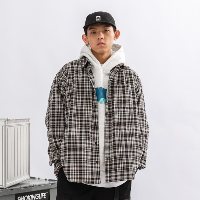 

Men's Casual Shirts Small Plaid Long Sleeved Shirt Mens Autumn Loose Lapel Men, Apricot