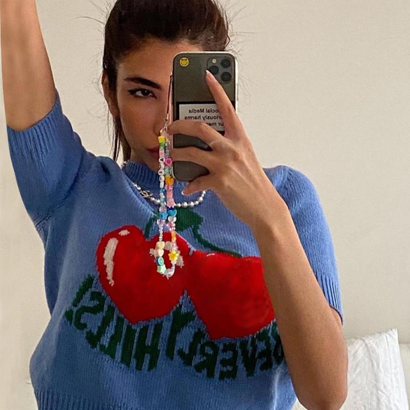 

Women' T-Shirt Vintage Blue Cherry Knitted T Shirt Women Summer Round Neck Short Sleeve Cotton T-shirts Femme Casual Streetwear Crop Top 20