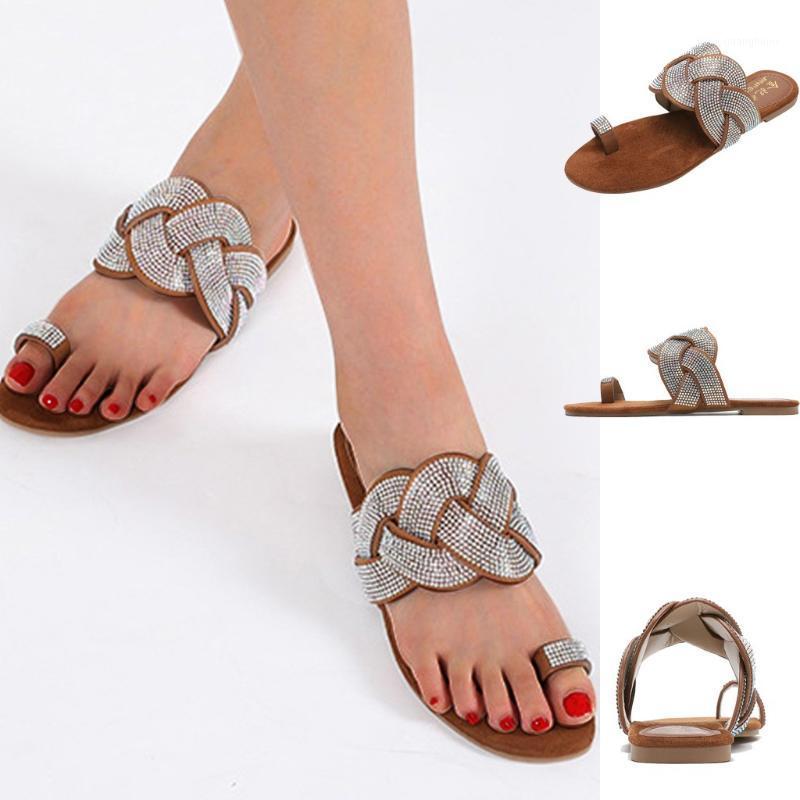 

Slippers Fashion Women Shoes Toes Weave Crystal Shiny Bring Summer Elegant Flat Sandals Woman Zapatos De Mujer, Brown