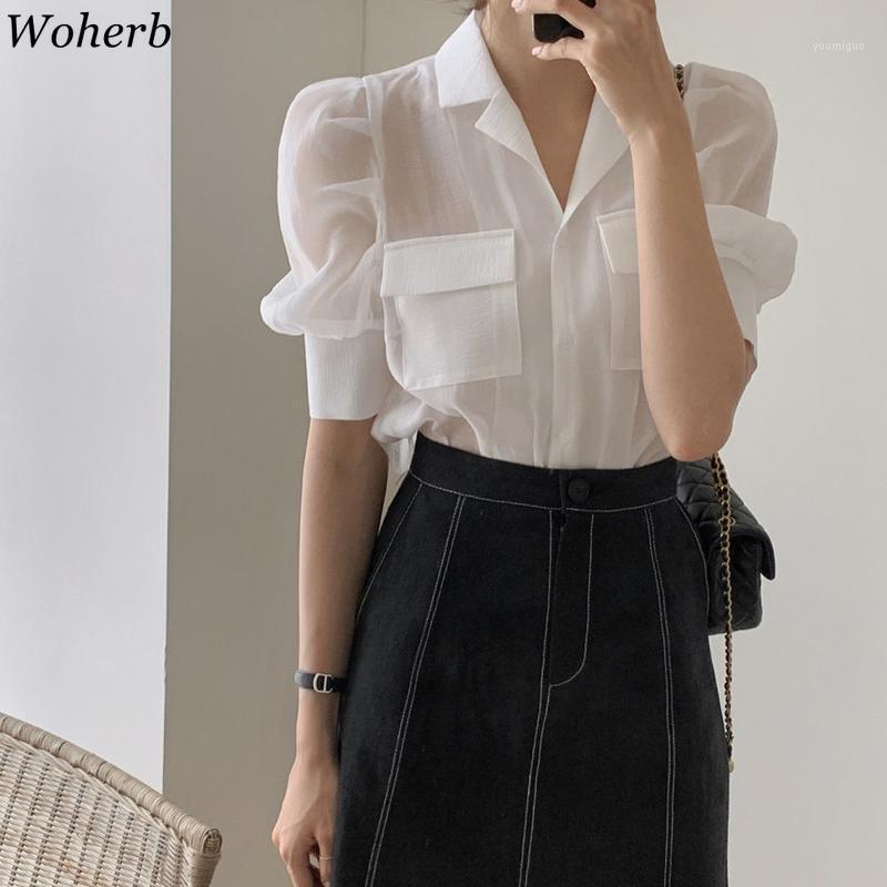 

Women' Blouses & Shirts Woherb Women See Through Camisas Mujer Double Pocket White Korean Fashion Office Lady Blouse Tops Female 95050