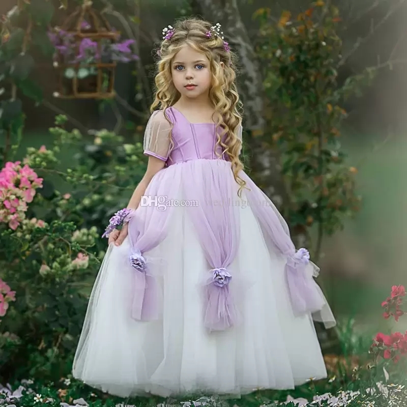 

New Fabulous Lavender Flower Girl Dresses For Boho Wedding Pageant Gowns Short Sleeves Floor Length Kids A Line Tulle First Holy Communion Dress, Yellow