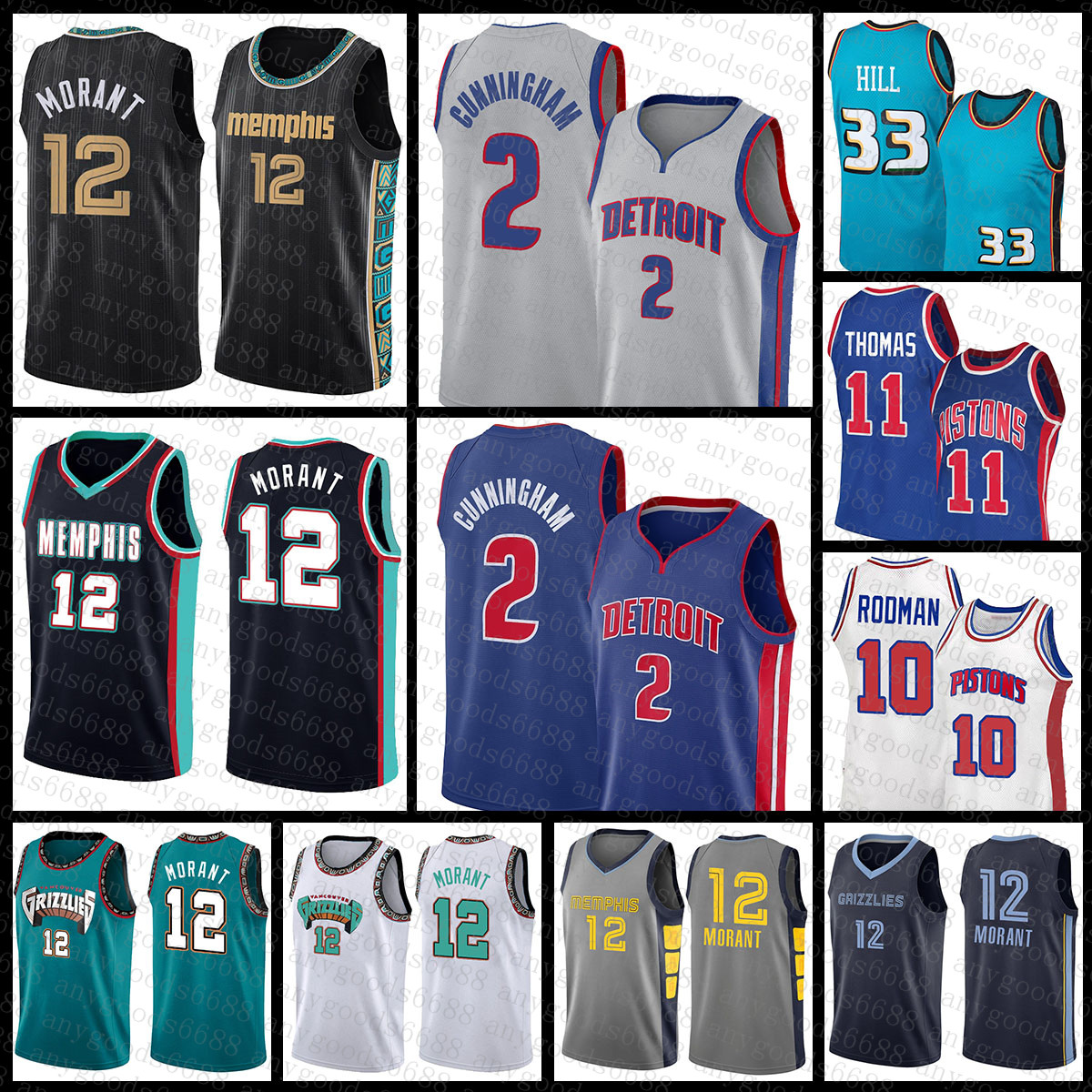 

Jersey Memphis''Grizzlies''Men Detroit''Pistons''Men 33 11 Ja Morant Cade Cunningham Basketball 12 2 Grant Hill Isiah Thomas 007