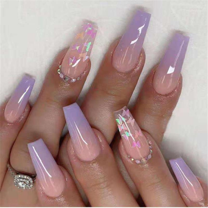 

False Nails 24pcs/set Long Coffin Fake Gradient Butterfly Design Ballerina Fasle With Glue Full Cover Nail Tips Press On Prud22, No glue